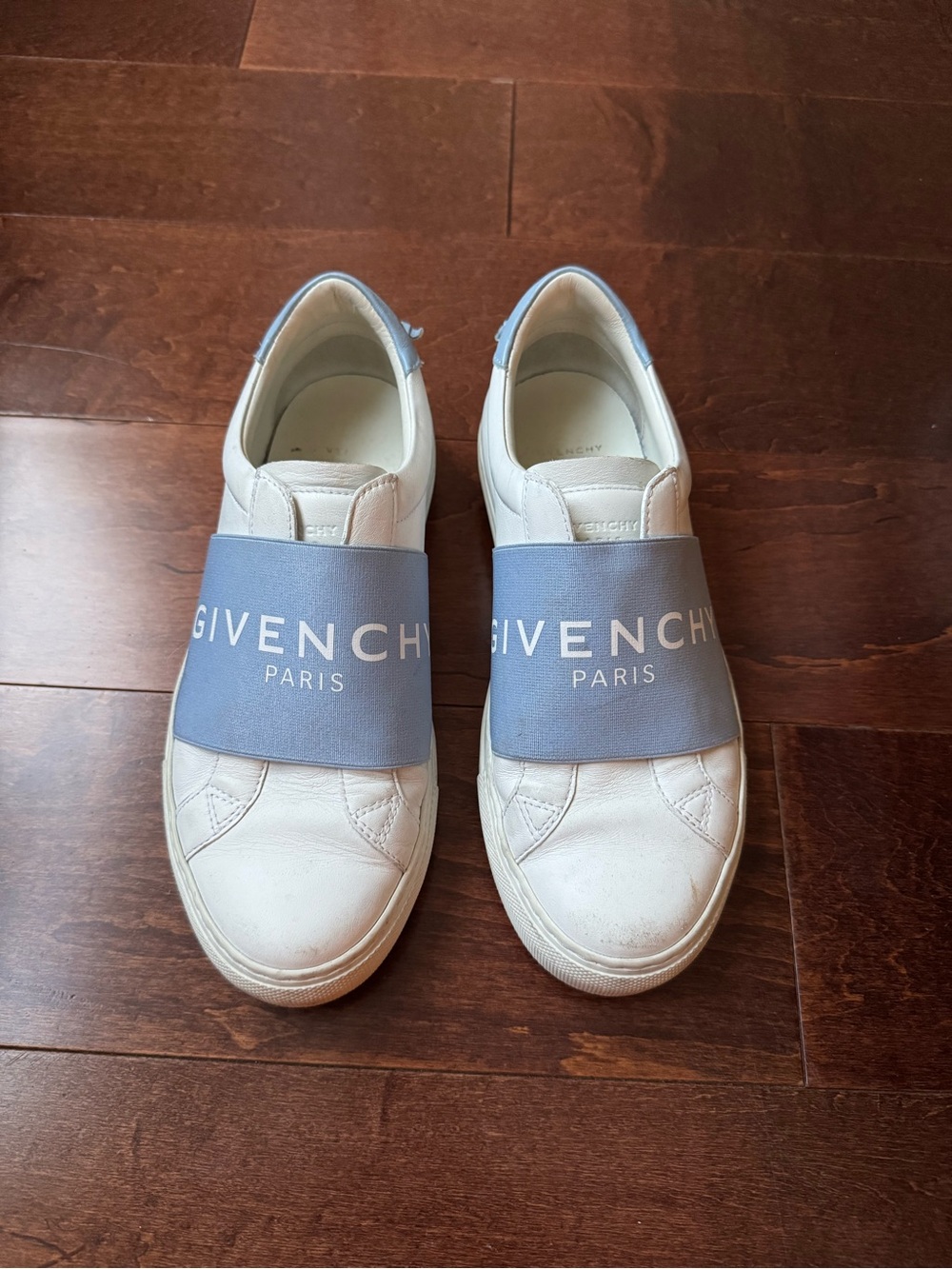Givenchy White Leather Slip-On Sneakers with Light Blue Logo Strap